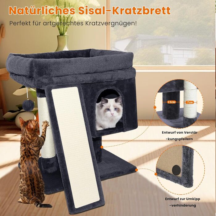 Дряпальня для котів великих порід, кімнатна, 60 см, сіра, з платформою, сизаль, пандус, будиночок, м'ячі, щітка