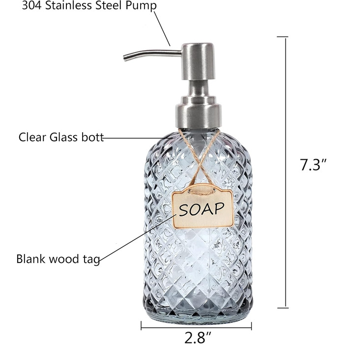 Дозатор мила для ванної кімнати та кухні зі скла та нержавіючої сталі 304 (сірий)