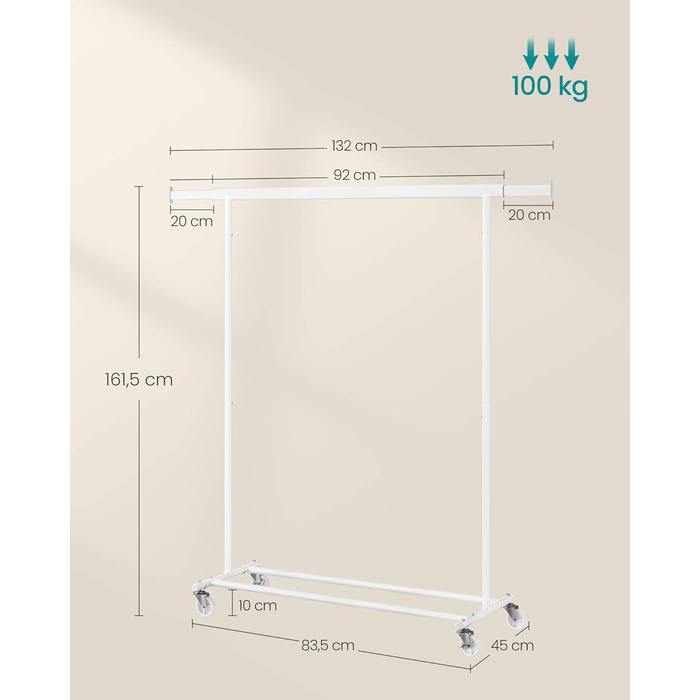 SONGMICS Вішалка для одягу на колесах, важкий, висувна штанга, до 100 кг, білий HSR013W01