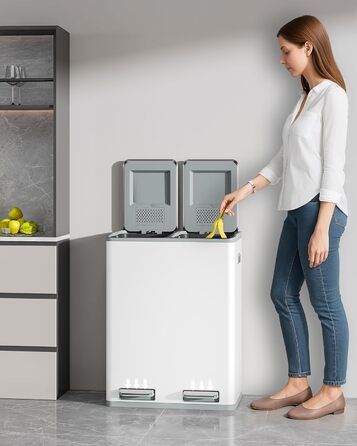 Відро для сміття з сортуванням 60 л, нержавіюча сталь, з педаллю, 2 відділення, SW06099E (біле)