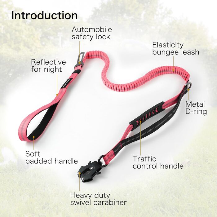 Міцна тактична повідка для собак з карабіном швидкого закриття та світловідбиваючими нитками, 1,2-1,8 м, Power-Stretch, для середніх та великих собак, рожевий та чорний