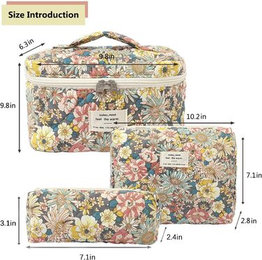 Набір косметичок для подорожей для жінок, 3 шт. з бавовни, органайзер для макіяжу, косметичка з квітковим принтом (Nanzhi Blume)