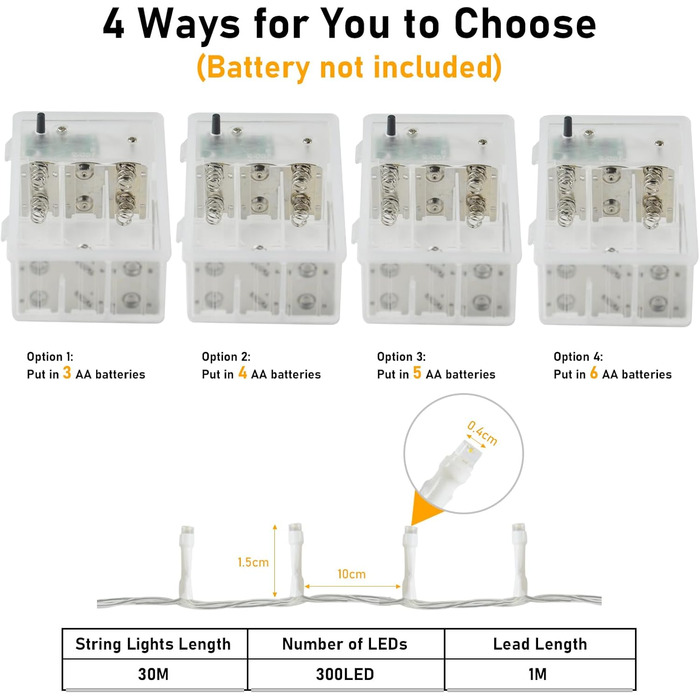 Ланцюжок прикрас для дому та саду на батарейках, 30м, 300 LED, з таймером, 8 режимів, тепле біле світло, вологостійкий, для декору кімнати, вечірки, балкону, ялинки