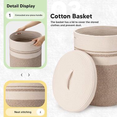 Rieeyrslza Laundry Basket with Lid for Blankets 58L Woven Cotton Rope Basket Cotton Rope Laundry Collector with Hollow Handle, for Living Room, Placing Blankets Pillows, 38 x 50cm (Brown)
