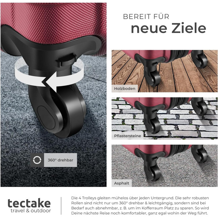 Набір валіз Tectake® 4 шт. з TSA замком, жорсткий корпус, телескопічна ручка, 4 колеса, 360° обертання, зелений (вишневий)