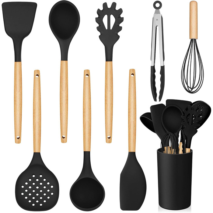Набір кухонних аксесуарів Homikit 9 шт. з чорного силікону та дерев'яними ручками