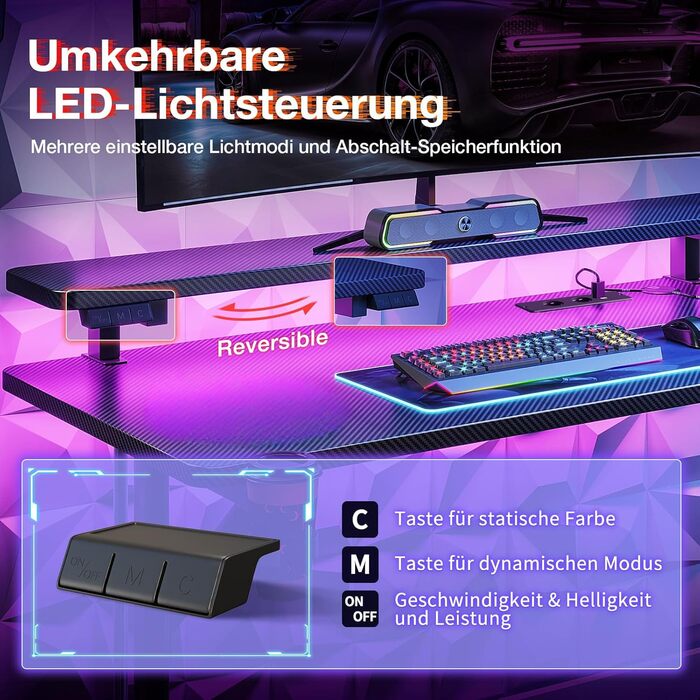 Small LED Gaming Desk with Power Outlets - Carbon Fiber PC Gamer Table 80cm/100cm