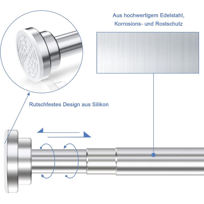 Тeleskopна штанга для душу з нержавіючої сталі 35-60 см, без свердління, для штори