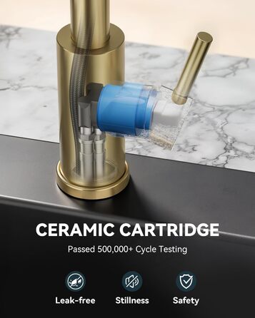 Кран кухонний LED Warmiehomy професійний, 360° поворотний, з двома виливами, високий вигин, спіральна пружина, для мийки, з нержавіючої сталі (золотий)