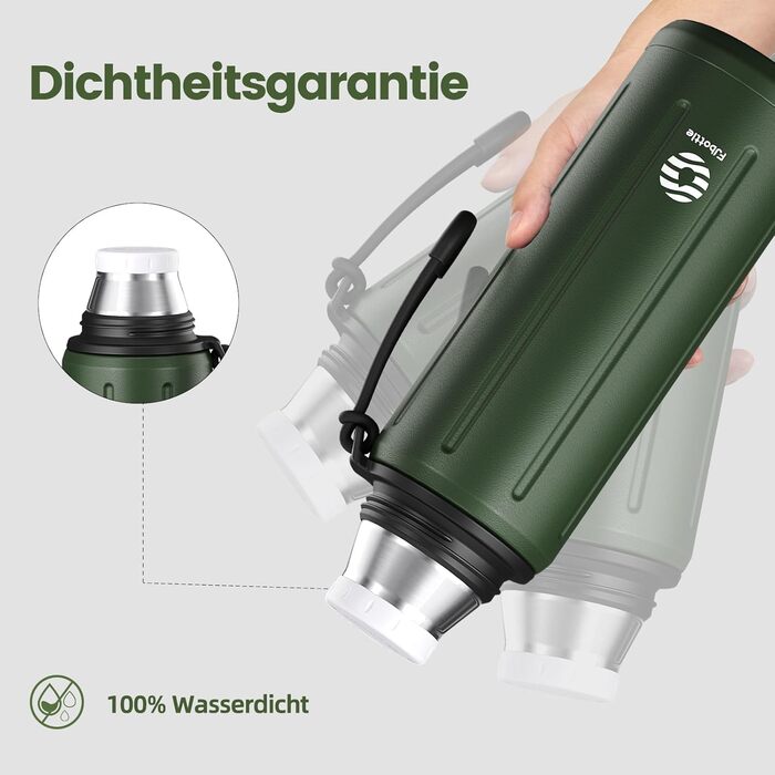 Термос Healter Thermoskanne 1л з чашкою (72 години холод & 24 години гаряче) - термофляга для кави, чаю, офісу, школи (зелений)