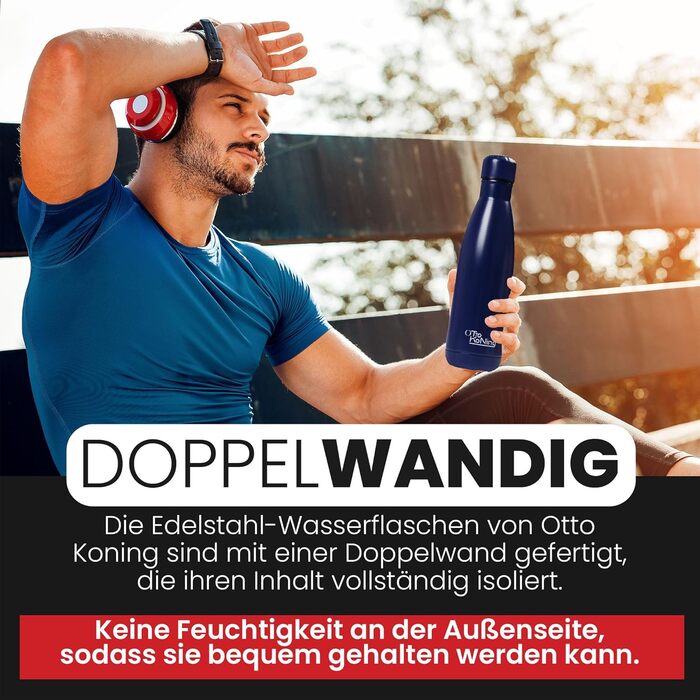 Термос-пляшка з нержавіючої сталі Otto Koning - двостінна вакуумна ізольована термопляшка. Зберігає напої холодними до 24 годин та гарячими до 12 годин. Безпечна, BPA-free (Морська синя, 500 мл)