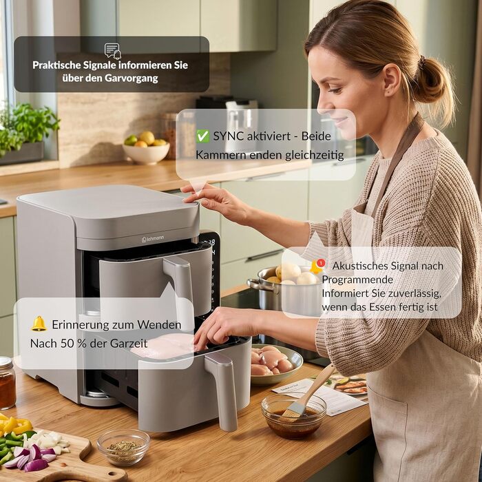 Аерофритюрниця з двома камерами LEHMANN XXL 12L, безмасляний Airfryer на 2800 Вт, 10 програм, антипригарне покриття, бежевий