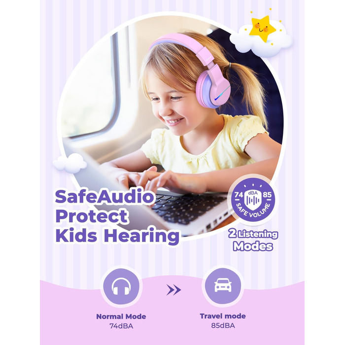 iClever Бездротові навушники для дітей з LED-підсвіткою, Over-Ear, Bluetooth 5.2, мікрофон, рожеві