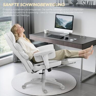 Ігровий крісло Dowinx, ергономічний офісний крісло з кишеньковим пружинним подушкою, крісло для керівника з двошаровою м'якою спинкою та регульованою поперековою подушкою, підлокітниками та підставкою для ніг, комп'ютерне крісло (Білий, тканина)