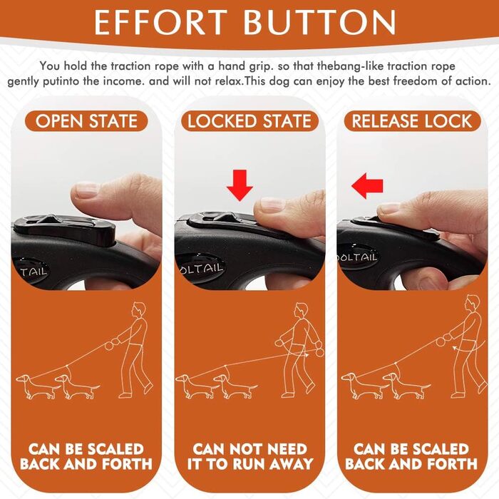 KOOLTAIL Подвійна висувна повідка для собак на двох, до 50 кг, міцна, 5 м, обертається на 360°, без спутанності, з кнопкою блокування, помаранчевий