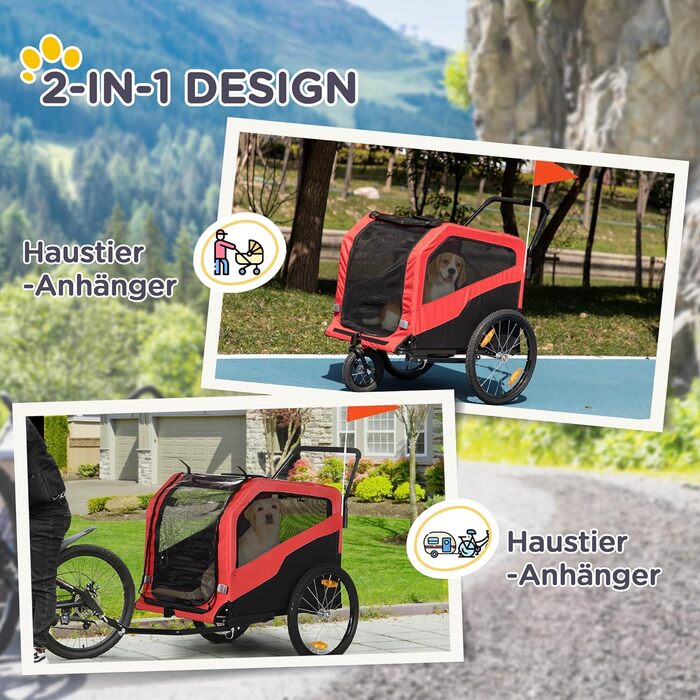 PawHut 2-в-1: Причіп для собак, велосипедний причіп для собак, візок для собак з відбивачами, до 30 кг, для великих собак, Oxford-тканина (Червоний)