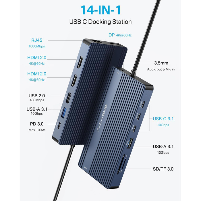 Хаб USB-C ACASIS DS0202 з двома виходами HDMI та DP (4K60Hz), Ethernet, 3 USB, 10Gbps, 100W PD, SD/TF, Audio, для MacBook/Dell/HP/Lenovo