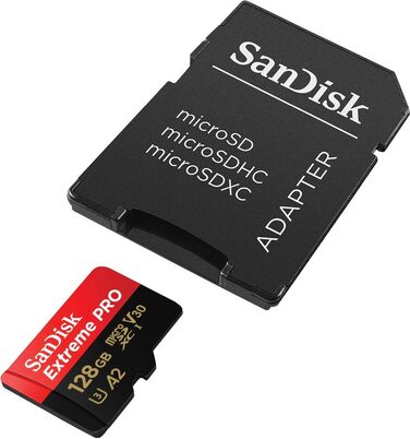 Карта пам'яті SanDisk Extreme PRO microSDXC UHS-I 128 GB з адаптером та RescuePRO Deluxe (A2, Class 10, V30, U3, до 200 МБ/с) для смартфонів, екшн-камер та дронів, чорна
