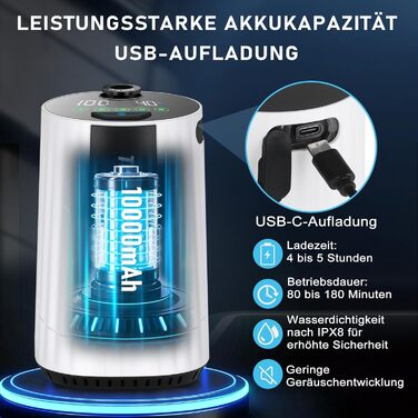Набір для душу в кемпінг Tipkook з помпою, портативний, акумулятор 10000mAh, цифровий дисплей, душ, шланг, для відпочинку, подорожей, миття тварин, автомийки (білий)