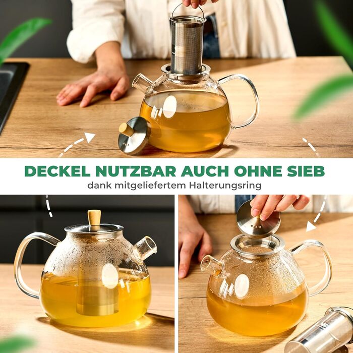 Neighbour's Friend® 1.5 L Glass Teapot for Loose Leaf Tea & Tea Bags - Teapot with Infuser Insert, Large, Drip-Free - 3-Piece Stainless Steel Infuser with Bamboo Lid Handle - Dishwasher-Safe Glass Teapot
