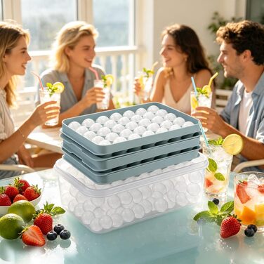Контейнер для льоду з кришкою та формою для кубиків льоду, харчовий пластик, швидке виймання, 64 шт, синій (круглі, 35*3)