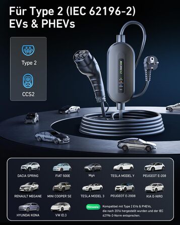 Кабель для зарядки електромобіля Evjuicion Typ 2 Schuko, 3.68kW, 6м, 16A, з індикатором, IP67, для ID.3/4, X1, 5ER, Model Y/3 та інших електромобілів