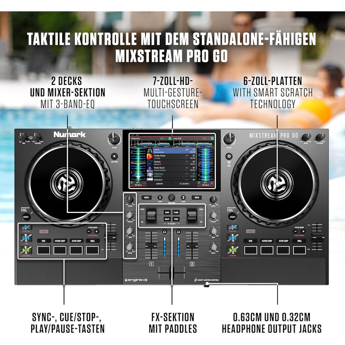 Numark Mixstream Pro Go: Портативний DJ-контролер з акумулятором, мікшер з розділенням STEM, динамік, Wi-Fi, сенсорний екран, сумісний з Serato DJ