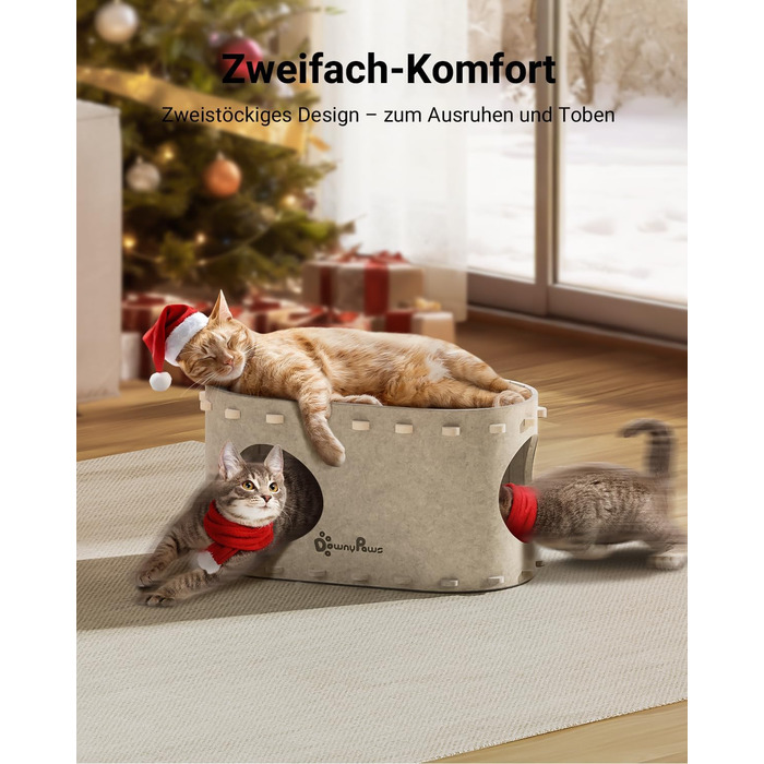 Будиночок для котів з фетру, лежанка для котів, затишна кімната для котів, 58 x 33 x 30 см, ігровий Peek-a-Boo, зимовий, захист кігтів, бежевий, 1 шт.