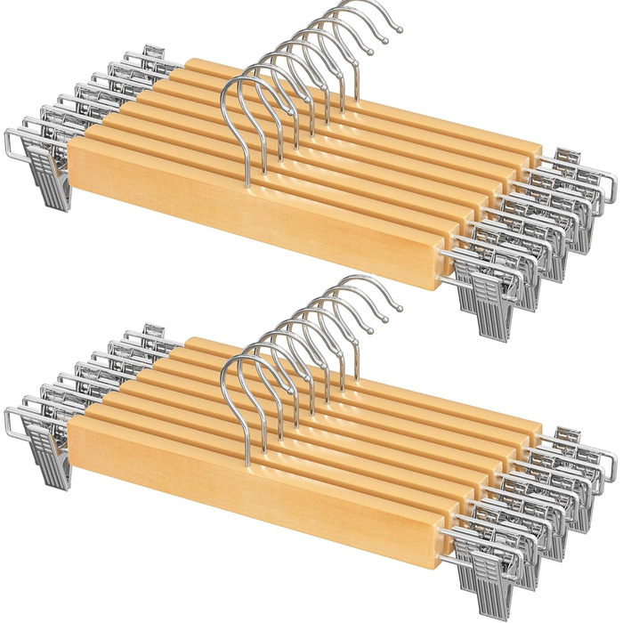 Набір вішалок для штанів SONGMICS 16 шт. з дерева, з регульованими кліпсами, протиковзні, для штанів, шортів та спідниць, натуральний колір