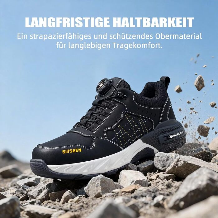 Черевики робочі чоловічі з металевим носком, легкі, дихаючі та міцні, з Clickers та захистом від проколів, неслизька підошва – взуття для професій та будівництва, 44 EU, чорний