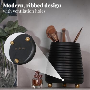 Folkulture Bathroom Toothbrush Holder, Modern Wooden Toothbrush and Toothpaste Holder (Black Grooves)