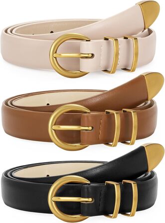 LEACOOLKEY 3 шт. жіночі шкіряні тонкі ремені для джинсів та суконь. В'язані ремені з золотистою та сріблястою пряжкою (100см). Розмір талії 66см-76см, (110см) Розмір талії 77см-91см, B-чорний+коричневий+бежевий (старовинне золото)