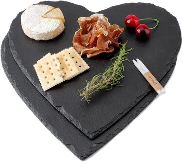 Large Slate Heart 30 cm, 2-Piece Set, Slate Heart Plate with Chalk Marker, Black Slate Serving Platter, Slate Hearts for Serving & Labeling