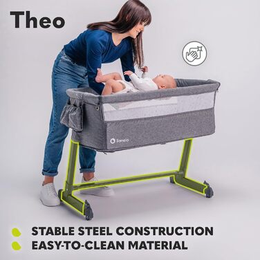 Lionelo Theo 2in1 Baby Cot, Travel Cot for Baby, Crib for Baby from Birth up to 9 kg, Height Adjustment, Recline Adjustment, Foldable Side Rail, Mattress, Mosquito Net (Dark Grey) Dark Grey 1 Piece (1-Pack)
