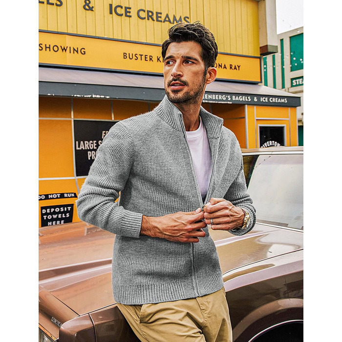 Чоловіча в'язана куртка-трікжак PJ PAUL JONE з коміром-стійкою та блискавкою, світло-сіра (L)