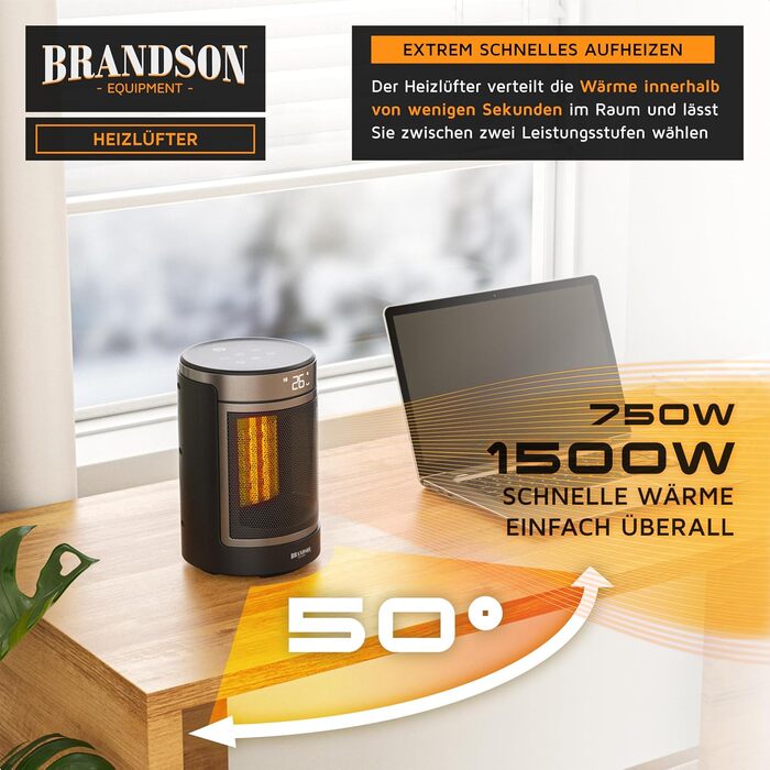 Електричний обігрівач Brandson з пультом керування, ECO-режим, осциляція 50°, 2 режими нагріву, захист від перегріву та перекидання