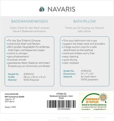 Navaris Small Bathtub Pillow made of Mesh - Tub Pillow Headrest Neck Pillow for Bathtub - Öko Tex Standard 100 - Anti-Slip in White
