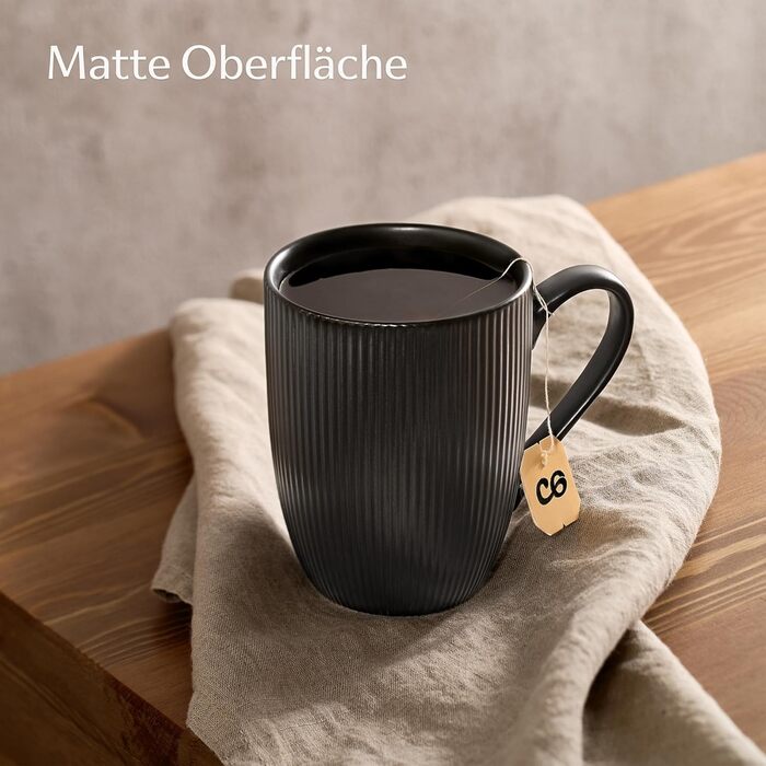 Набір кавових чашок Cosumy 6 шт. чорного матового кольору, 350 мл - смугастий дизайн, кераміка, для мікрохвильової печі та посудомийної машини, зручна ручка