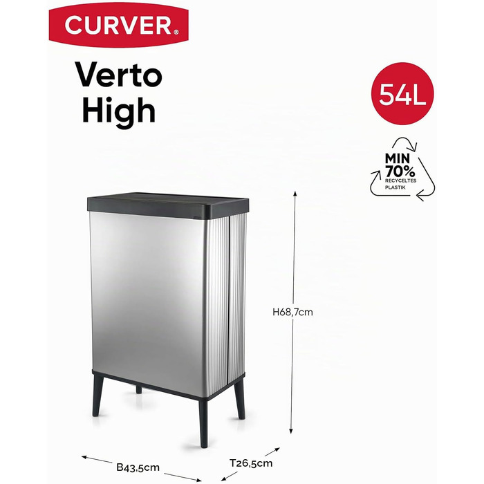 Сміттєвий відер Curver Verto High на 54 л з push-кришкою та ніжками для кухні, сріблястий, 26,5 x 43,5 x 68,7 см