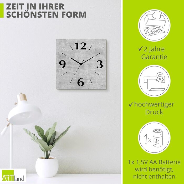 ARTLAND Wall Decor Wall Clock without Ticking Sound, Aluminum, 30x30 cm, Square, Silent, Analog, 4 Numerals, 30x30 cm, U1RE Optics (Concrete, Quartz Clock)