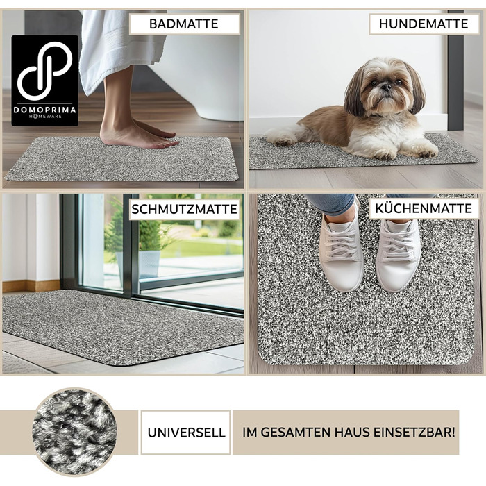 Килимок для дому DOMOPRIMA з мікрофібри, миючий, неслизький, надзвичайно поглинаючий, плоский, антибактеріальний, для внутрішнього та зовнішнього використання (60x40 см), сірий, 50 x 75 см (прямокутний)