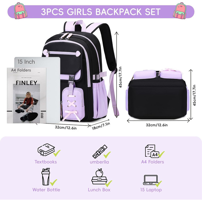Шкільний рюкзак Tanou для дівчаток-підлітків, великий, стильний, водонепроникний, 9-18 років, з тролейовим ремінцем (фіолетовий)