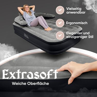 Надувне ліжко 3-в-1 | Гостьове та кемпінгове ліжко | Надувна матрац з електропомпою 150x200 | Самостійно надувна повітряна матрац (1 особа, Чорний/Антрацит)