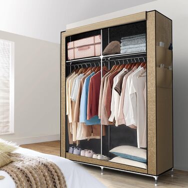 Тканинна шафа INTIRILIFE 108x170x45 см, кремово-бежева, з металевим каркасом, рейкою для одягу, кишенями та полицями, з блискавкою, для зберігання речей