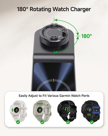 Бездротова зарядна станція 3-в-1 для Garmin Vivoactive/Venu/Forerunner/Instinct/Fenix/Epix 2, Samsung S25/S24, iPhone, AirPods, Galaxy Buds3