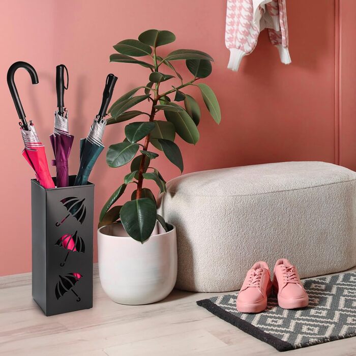 Metal Umbrella Stand - Square Design for Entryway - 16x16x42cm - Black
