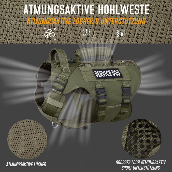 Тактичне обіднє повід для собак, навантажувальне обіднє повід для середніх та великих собак, дихаюча сітка, регульоване обіднє повід для службових собак з металевою застібкою 39г для тренувань, прогулянок (Зелений, L(Окружність шиї: 46-63см, Окружність гр