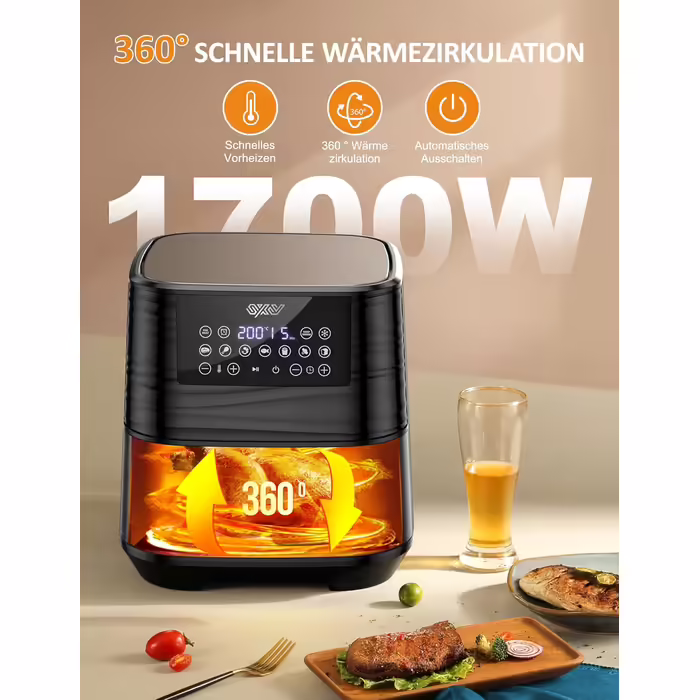 Innsky Hot Air Fryer 5.5L XXL, 1700W Hot Air Fryer with Digital LED Touchscreen and 7 Programs, Preheat & Keep Warm & Defrost, Airfryer Fryer Without Oil with Recipe Book in German Silver