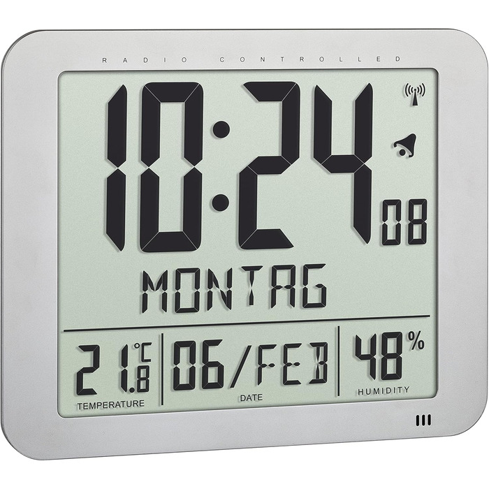 TFA Dostmann Radio Clock digital, 60.4516.54, with room climate display, spelled-out weekday (10 languages), 2 alarm functions, as a table clock or for hanging, silver, (L) 248 x (W) 25 (73) x (H) 206 mm