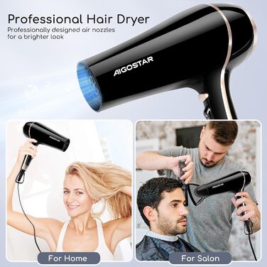 Фен Aigostar Lora: 2400W, іонізація, 3 режими температури, 2 швидкості повітря, чорний